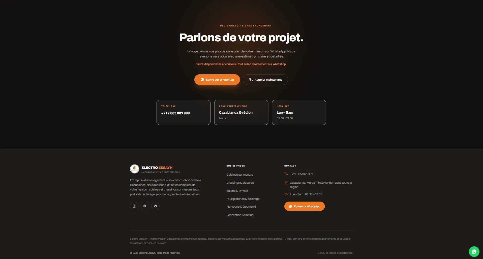 Section contact et pied de page Electro Essayh sur ordinateur