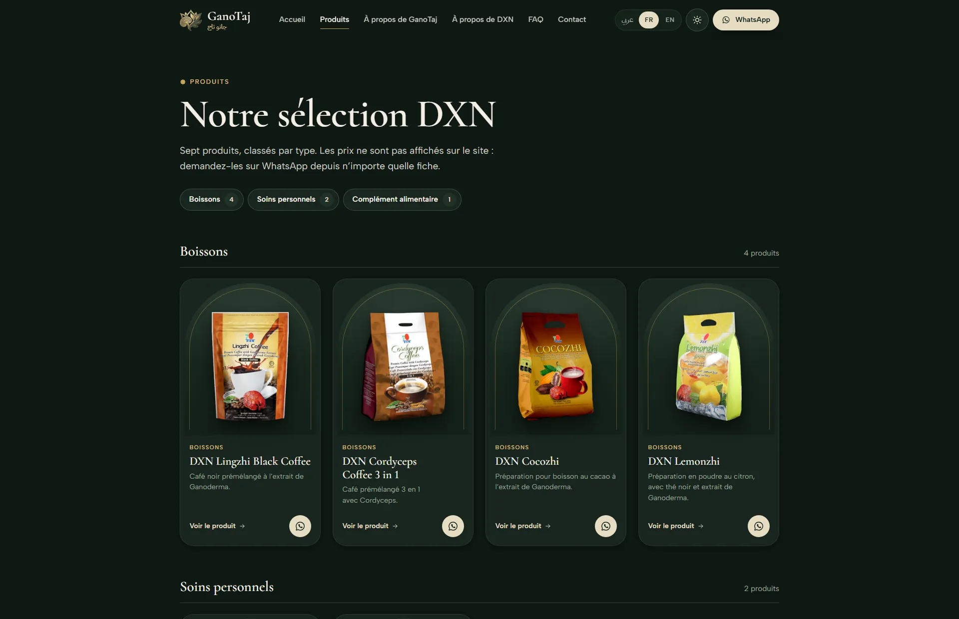 GanoTaj product selection in French on desktop, dark mode