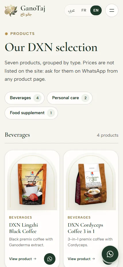 GanoTaj product list on mobile, in English