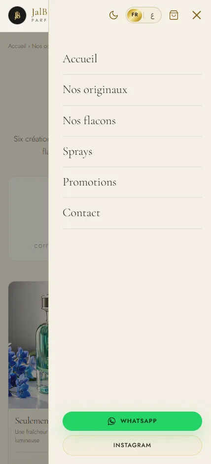 Menu mobile Jalbreeze en français, mode clair