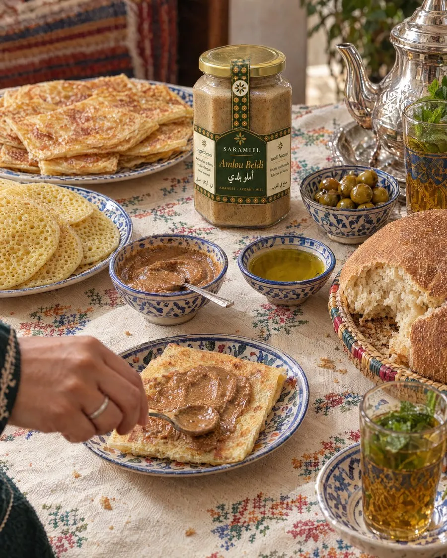 Saramiel amlou at a Moroccan breakfast with msemen
