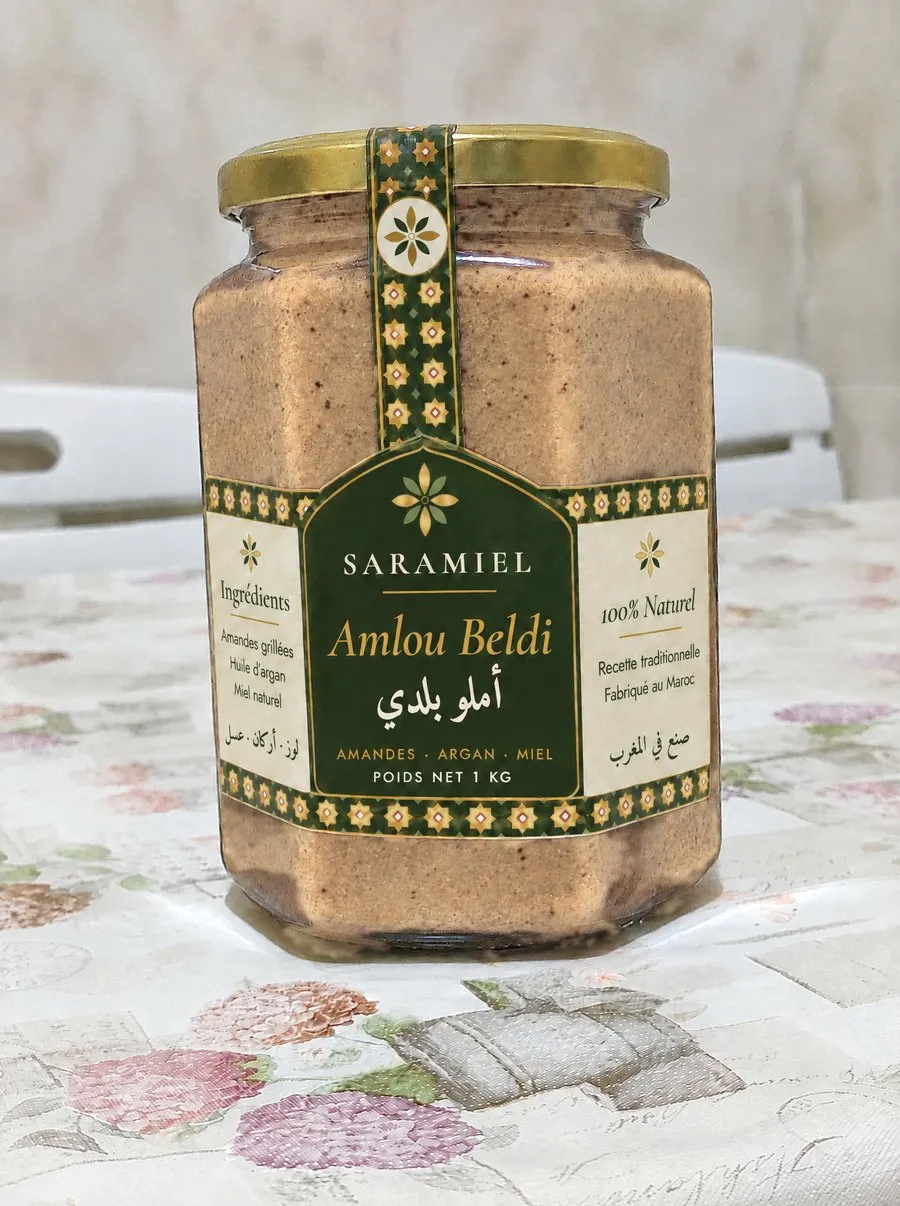 The Saramiel amlou jar with its new label