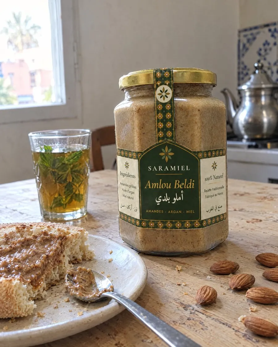Saramiel amlou on a kitchen table with tea and bread