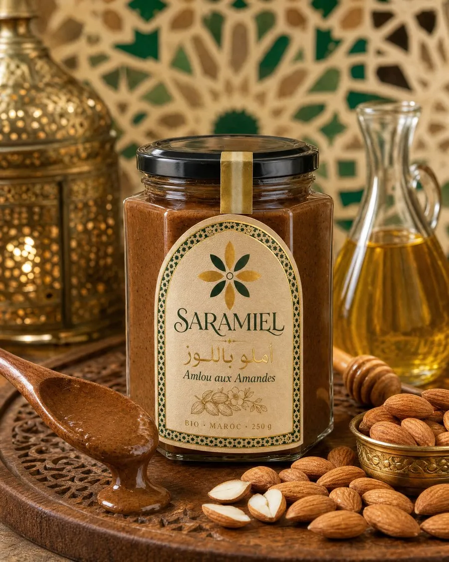 Saramiel amlou product visual with almonds and argan oil